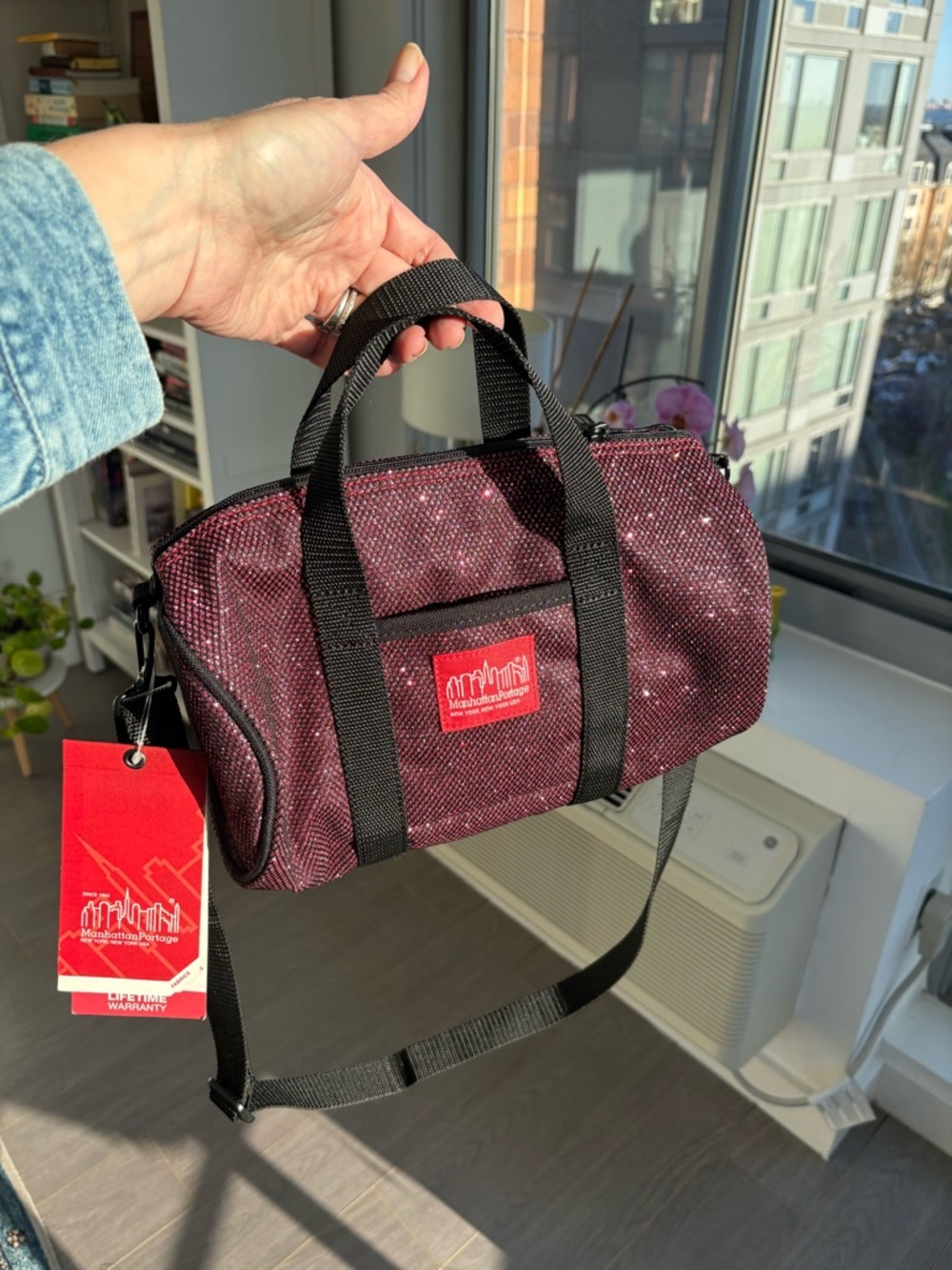 Manhattan Portage Mini Duffel Crossbody Bag, Dark Pink Metallic , New With Tags